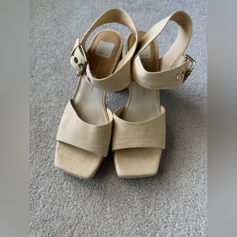 Dolce Vita Natural Beige Block Heel Sandals with Ankle Strap